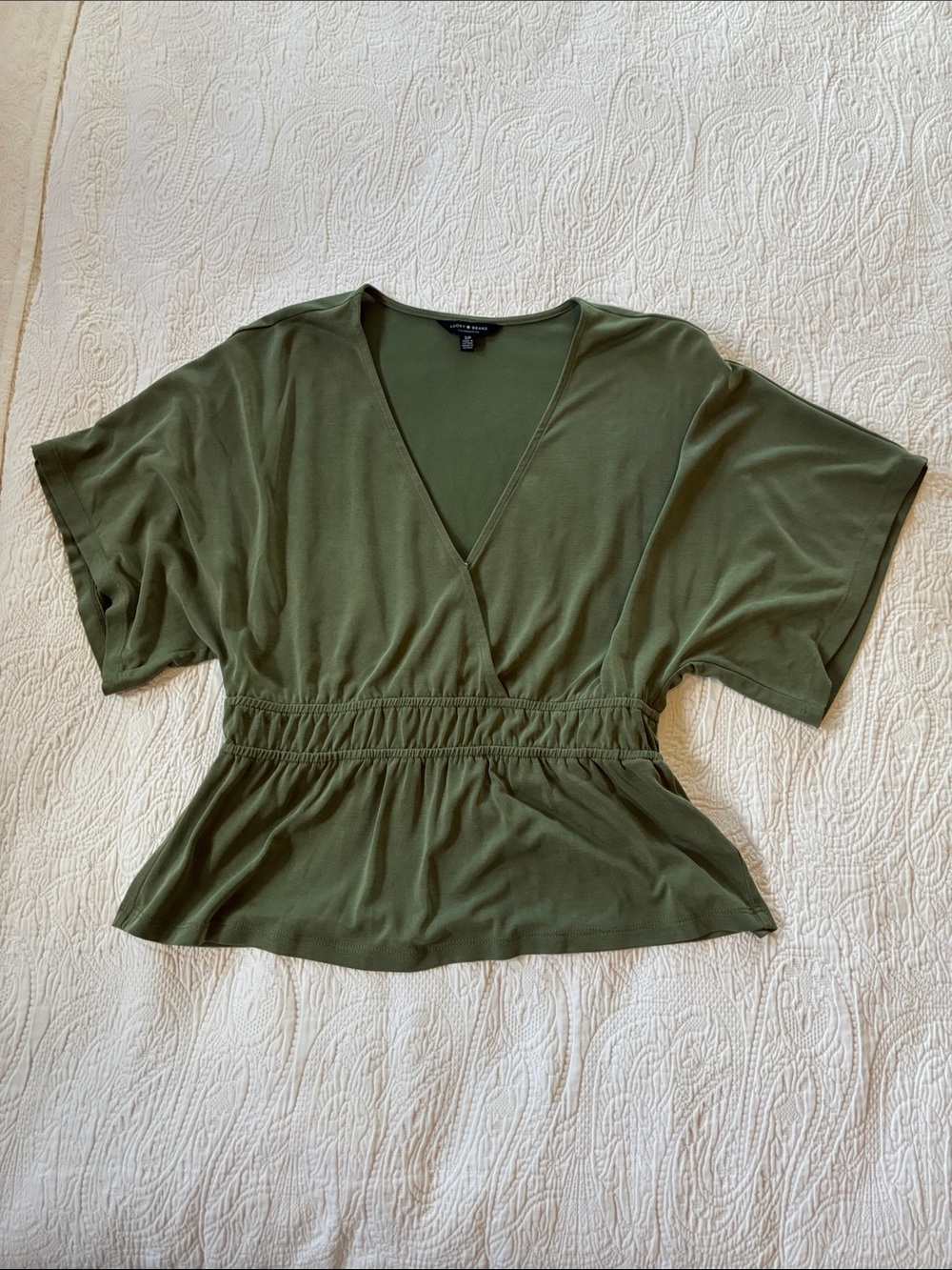 LUCKY OLIVE GREEN PEPLUM V Neck Snap Front Blouse
